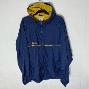 Vintage Columbia Packable Navy Blue Yellow Hooded Windbreaker Rain Jacket XL